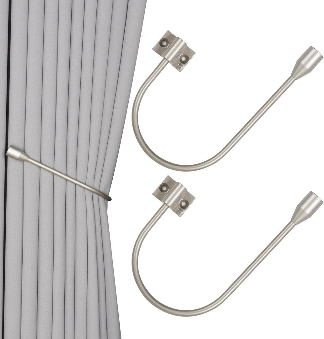 Upgraded Curtain Tiebacks Set of 2 - Wall Mounted Heavy Duty Adjustable Curtain Holdbacks for Heavy CurtainsU-Shaped Curtain Pull Backs with 180Flexible Angle (2, Silver)