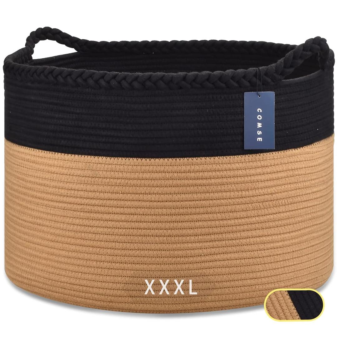 COMSE Extra Large Blanket Basket, Woven Laundry Basket, 21.7x 13.8, Nursery Hamper, Cotton Rope Laundry Hamper Living Room for Storage Toys Clothes Towels (Black & Camel)