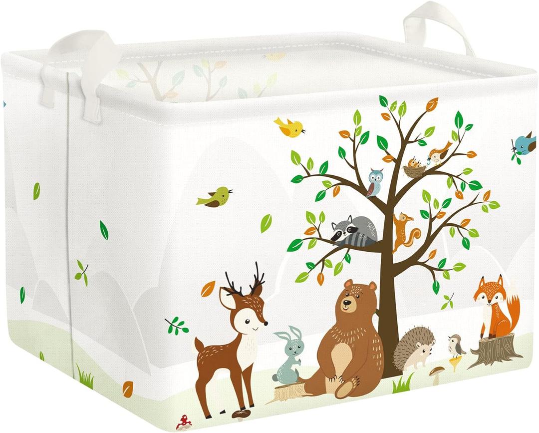 Clastyle Woodland Animals Bear Fox Raccoon Tree Baby Gift Storage Basket Large Deer Owl Collapsible Rectangular Shelf Basket Cute Clothes Towel Toy Book Storage Bin for Nursery