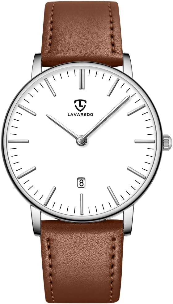 L LAVAREDO Watch for Men, Extremely Thin Mens Watches Minimalist Analog Men's Leather Wrist Watches with Time/Date, Birthday Gift for Men Boyfriend (05-BrownWhite)