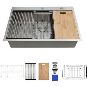 33x22 Drop In Kitchen Sink - Delironexu 16 Gauge Stainless Steel Kitchen Sink Workstation, 33 Inch Single Bowl Deep Top Mount kitchen sink with 6 Accessories Package