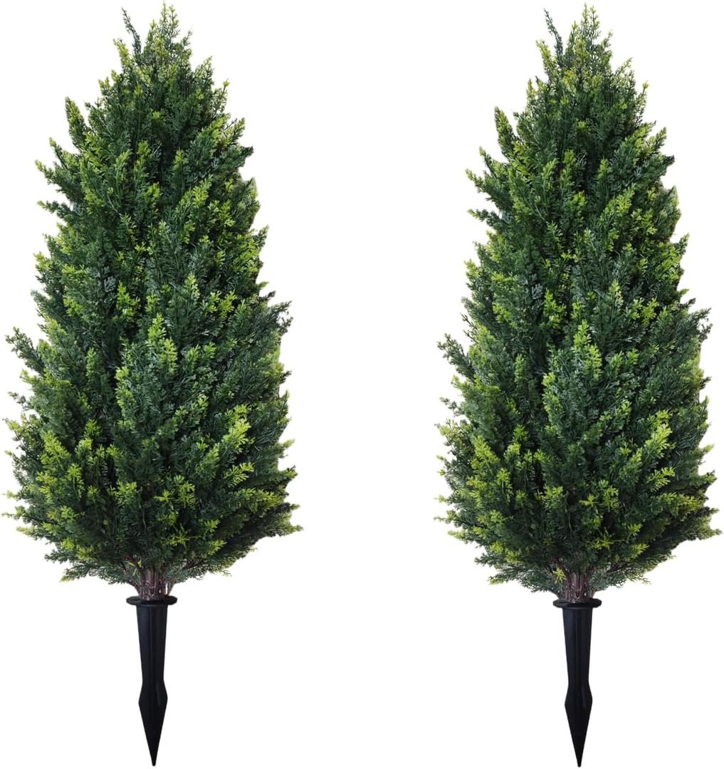 3FT Artificial Cedar Topiary Trees with Ground Spike Set of 2, UV Resistant Faux Cypress Trees Artificial Bushes for Indoor Outdoor Home Garden Decor (Extra Dense)