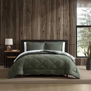 Eddie Bauer - King Comforter Set, Solid Microsuede Bedding with a Plaid Ultra-Plush Faux Shearling Reverse, 3 Piece Bed Set with Matching Pillowcases (Big Lake Plaid Green, King)