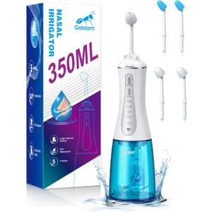 350ML Neti Pot Sinus Rinse Kit, Nasal Irrigation System with 5 Modes, 4 Nozzles, Cordless Rechargeable, IPX7 Waterproof, Nose Cleaner for Sinus Relief (350ML No Salt) (White)