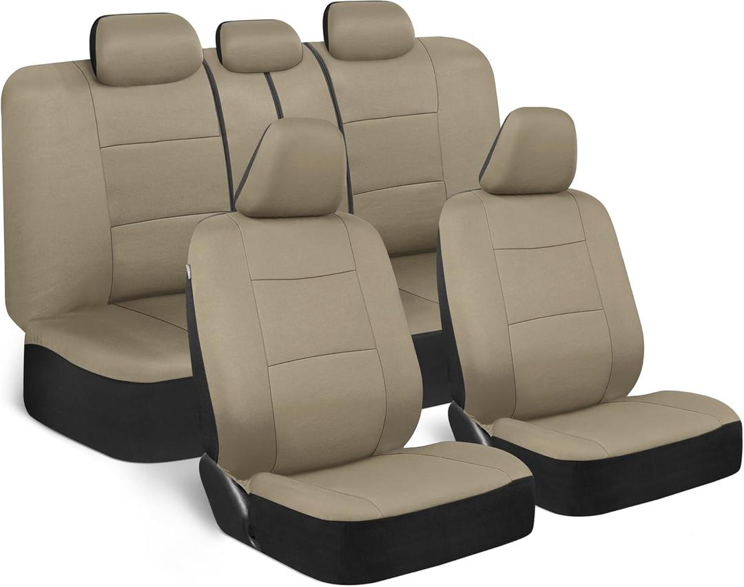 BDK PolyPro Car Seat Covers Full Set in Solid Beige, Full 9 Piece Set, Sleek & Stylish, Split Option Bench 5 Headrests Front & Rear Bench, Beige