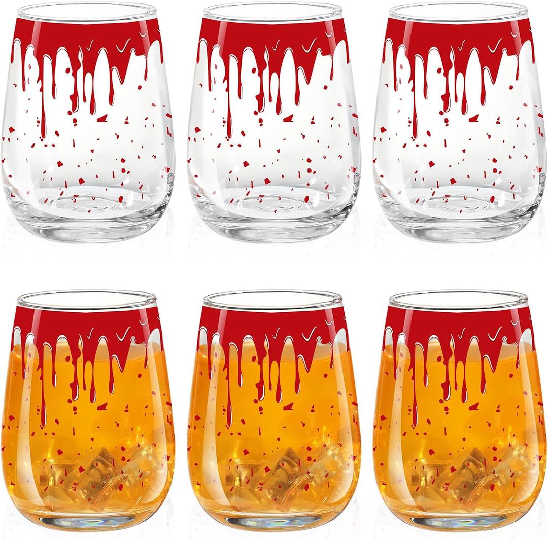 Maxcheck 6 Pack 18 oz Halloween Stemless Wine Glasses Halloween Wine Glass Set Clear Drinking Tumbler for Homes and Bars for Party Gift(Bloody)
