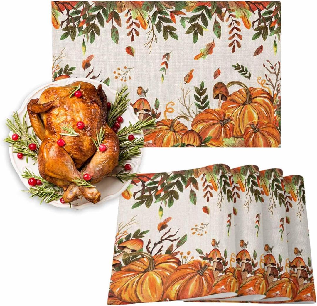 Fall Thanksgiving Placemats Retro Pumpkin Leaves Place Mats for Dining Room Dinner Table Mushroom Bird Plant Washable Table Mats Kitchen Decorations Set of 6 (Orange Light Beige)
