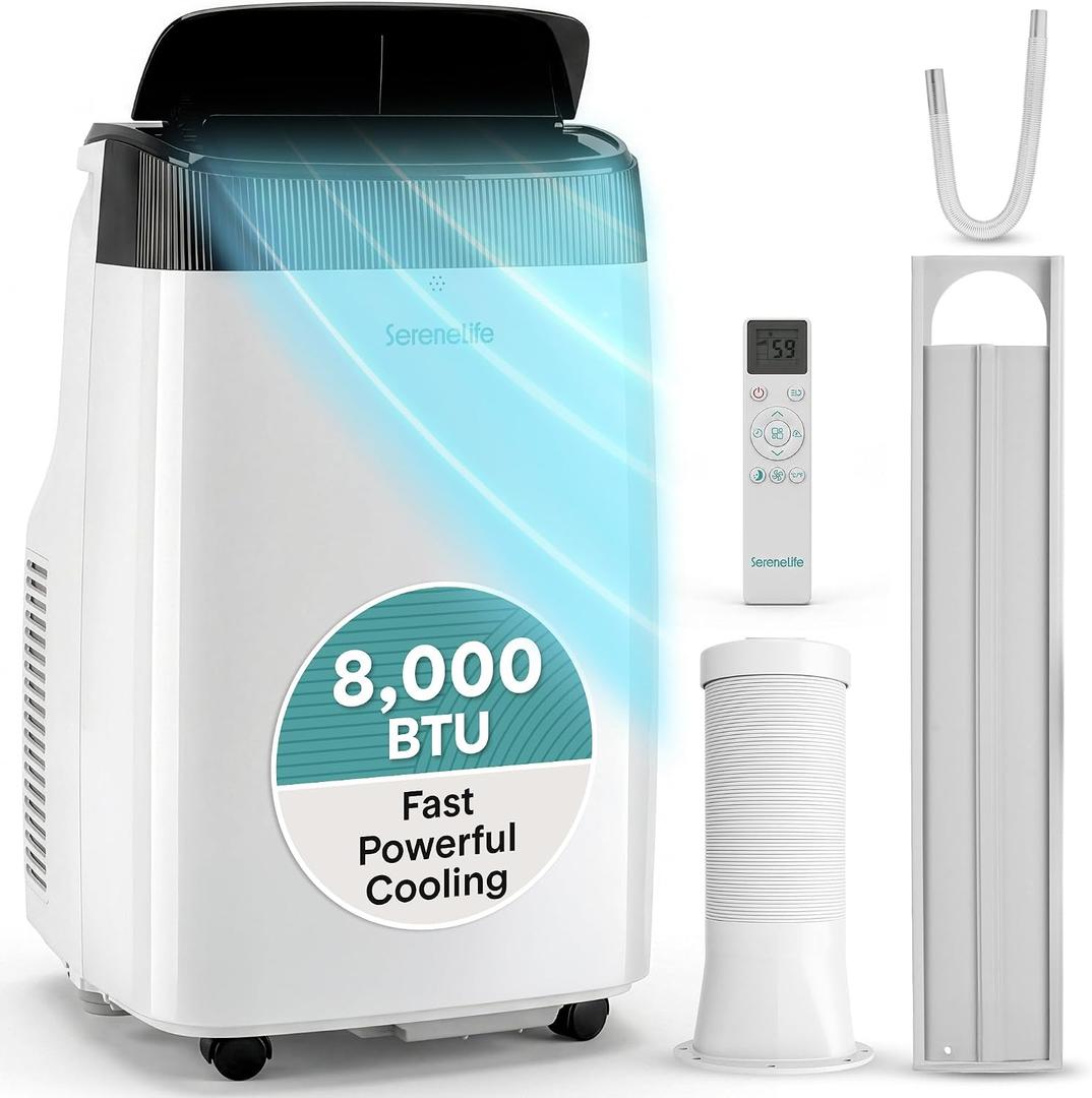 SereneLife Portable Air Conditioner, Dehumidifier & Fan | Dual Motor 3-in-1 8,000 BTU AC with 64°F–90°F Temperature Range, Cools Up to 350 Sq Ft, 3 Fan Speeds, Remote Control & Window Kit, White