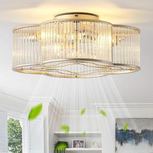 20" Gold Crystal Ceiling Fan with Light, Crystal Flush Mount Ceiling Fan with Light Remote Control, Caged Enclosed with 6 Speeds for Bedroom, Living Room, Foyer, Nursery (Clear)