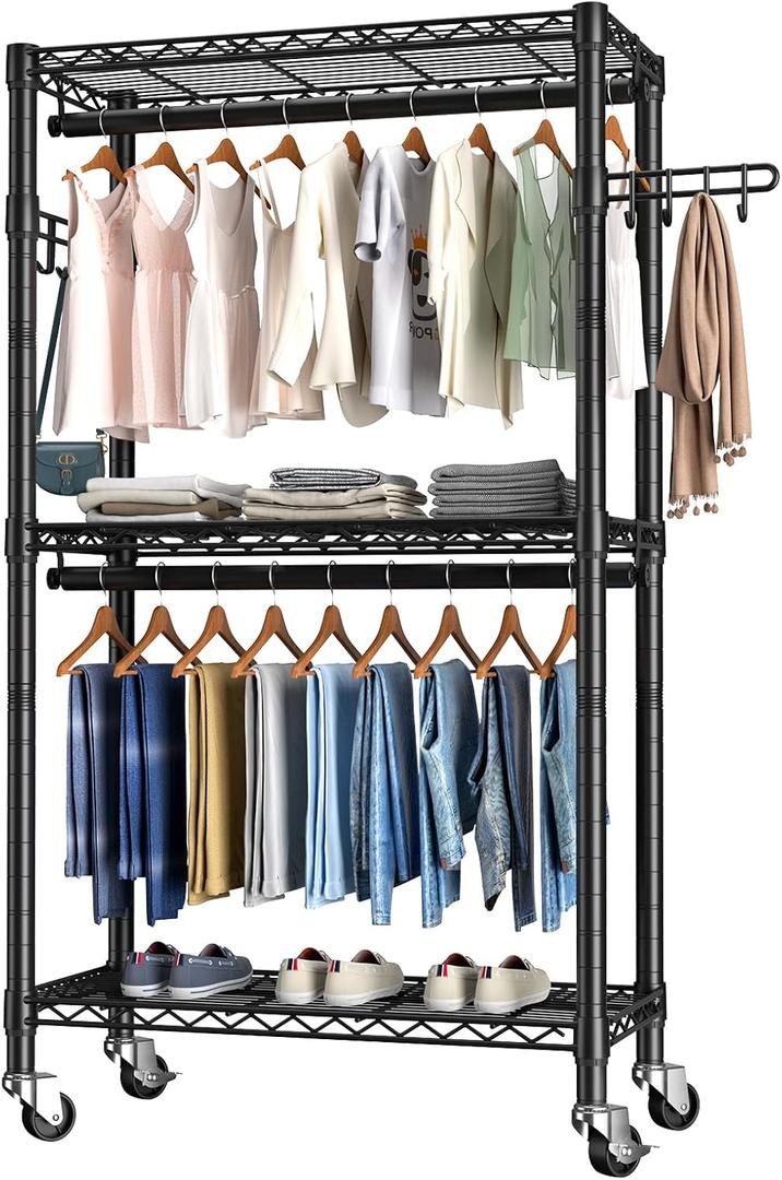 Heavy Duty Clothes Rack Rolling Garment Rack,3 Tier Adjustable Wire Shelving Clothing Racks for Hanging Clothes with Double Rods&Side Hooks,Freestanding Wardrobe Storage Rack Metal Portable Closet