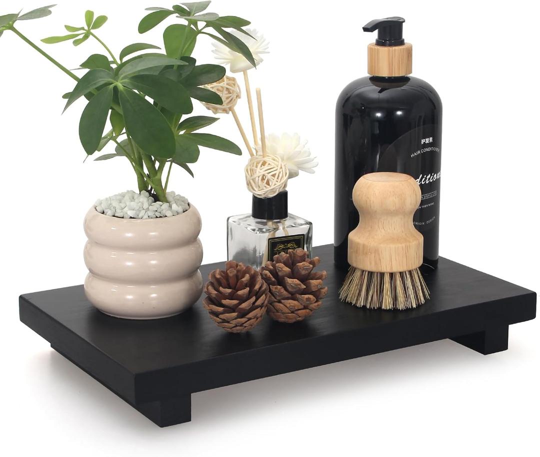 Black Bathroom Counter Tray Organizer Wood Risers Stand Kitchen Sink Trays Dish Soap Dispenser Holder for Countertop Modern Wooden Pedestal Display Farmhouse Bathroom Decor Accessories Vanity Tray (12" x 7" x 1.6")