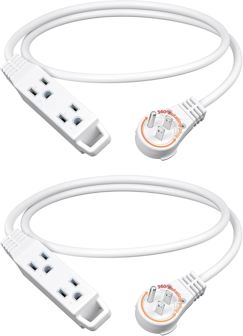 DEWENWILS 3FT 360 Rotating Flat Plug Extension Cord, 3 Prong Thin Power Strip, 16/3C 13A/125V/1625W, Rotating Plug for Indoor Narrow Space, SJT-3, ETL Listed, White, 2 Pack for Christmas