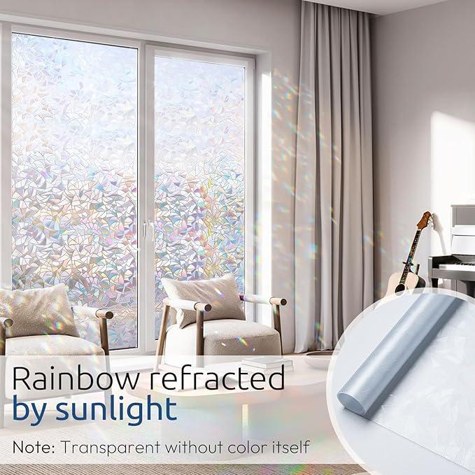 rabbitgoo Window Privacy Film Rainbow Film Decorative Window Sticker, 3D Static Stained Glass Cling Tint for Home Heat Control Non-Adhesive, 11.8 x 78.7 inches (Clear)
