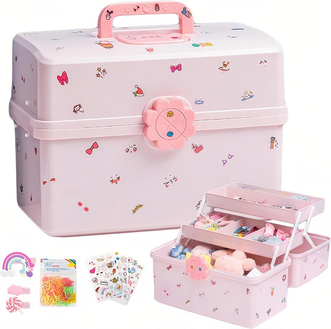 SEAHOME Hair Accessories Organizer for Girls Headbands, Clips, Ties Baby Girl Supplies, Lockable Three-layer Folding Craft Organizers and Storage Plastic Jewelry Box, 11.4x6.3x6.3in