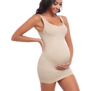 Womens Maternity Sleeveless Tank Tops, Pregnancy Belly Support Shapewear Baby Shower Bodycon Dress Workout Shirts (Beige, S)