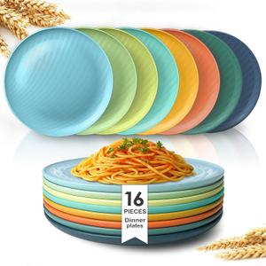 Teivio 16-Piece Wheat Straw Kids Plates,9.6'' Deep Dinner Plate,Dishwasher Safe, Reusable Unbreakable Salad Plates,Dessert Kitchen Plastic Dinner Plates Set,Service for 16,Multicolor