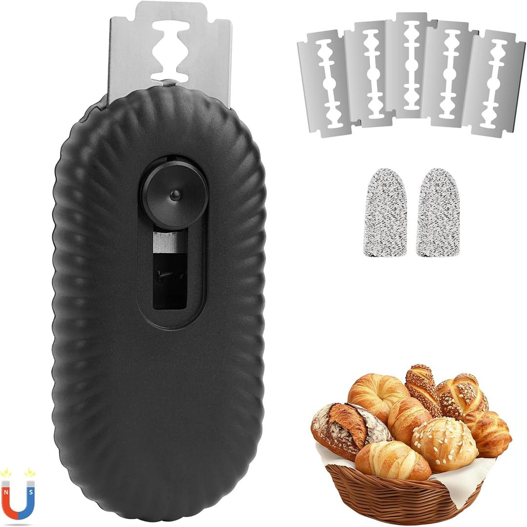 Bread Lame, Retractable Dough Scoring Tool with 5 Double-Edged Razor Blades & Finger Guard, Non-Slip UFO Handle, Sourdough Bread Scorer for Artisan Baking, Ripple Black