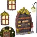 Miniature Fairy Garden Accessories Fairy Door and Windows for Trees, Glow in The Dark Yard Sculpture Lawn Ornament Mini Garden Art Outdoor Decor Accessories with Lantern
