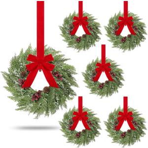 6 Pcs 15inchs Small Christmas Wreath for Kitchen Cabinets Mini Xmas Wreaths with Ribbon Christmas Decorations Candle Rings Red Berry Pine Cone Wreaths for Windows Farmhouse Xmas Decor