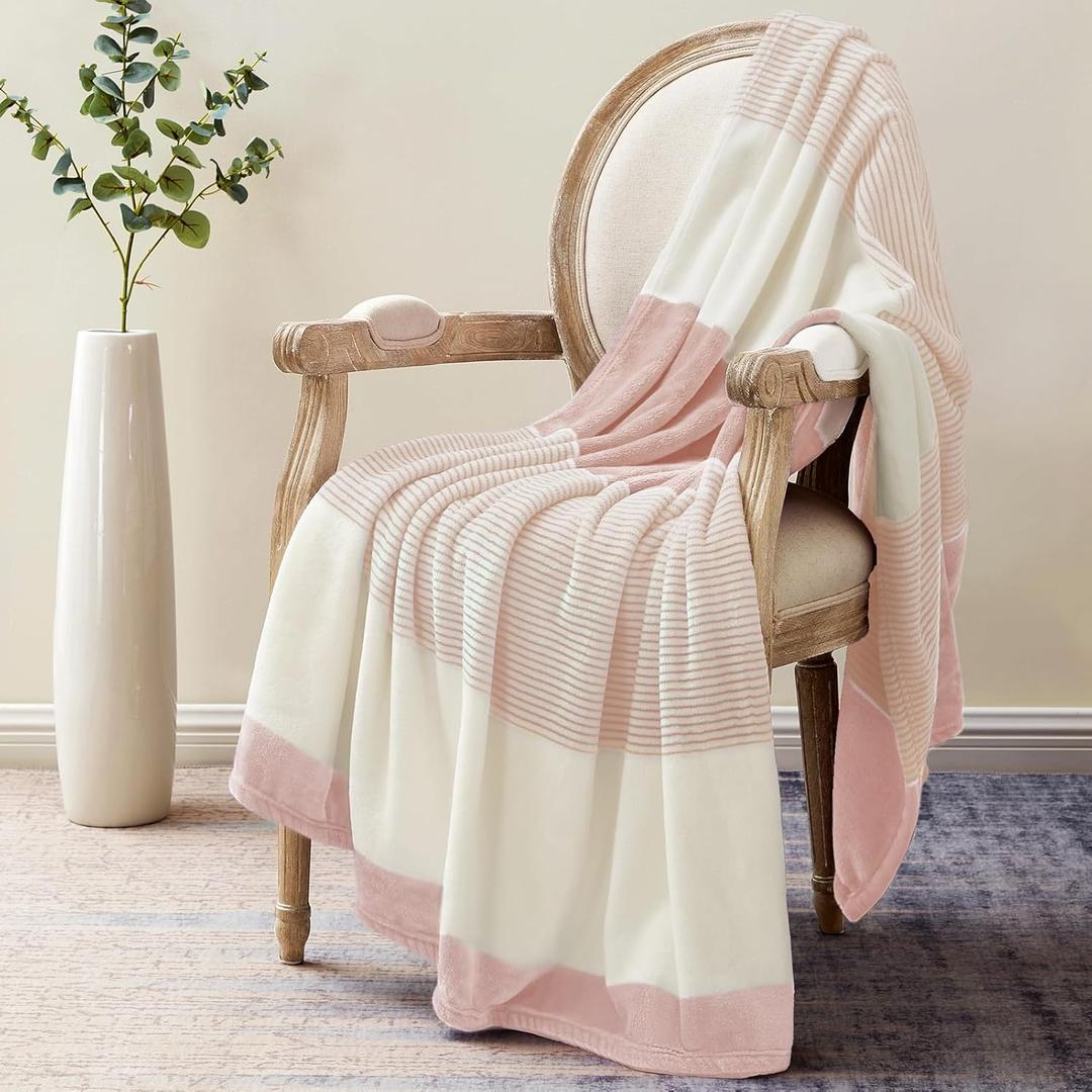Homelike Moment Fleece Throw Blanket Twin Size, Pink Soft Fluffy Twin Blanket, Fuzzy Cozy Plush Flannel Blankets for Sofa, Comfy Warm Lightweight Twin Bed Blanket Striped (Pink, 60x80IN)