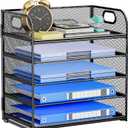 5 Tier Paper Organizer for Desk, File Organizer with Handle, Mesh Letter Tray, Paper Sorter Desk Organizer for Office Home Supplies - Black
