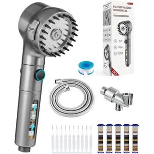 Ion Drops Filtered Shower Head with Handheld, High Pressure Water Flow Filter Showerhead for Hard Water Boosting with ON/OFF Switch and Rotatable Head (Silver gray)