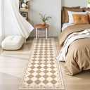 Beeiva Checkered Runner Rug for Hallway 2.5x8 Non Slip Washable Runner Rug for Kitchen 2.5x8, Beige Neutral Bathroom Home Decor Plaid Diamond Low Pile Print Carpet for Entryway Bedroom Laundry