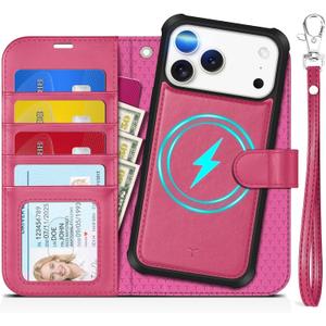 TUCCH 2-in-1 Removable Wallet Case for iPhone 17 Pro Max (6.9-inch) 2025, Wireless Charging | RFID Blocking 4 Card Slots | Wrist Strap | Kickstand | Magnetic | PU Leather | Protective Cover | Hot Pink