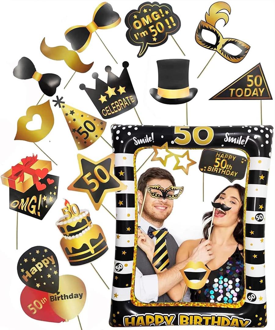 50th Birthday Photo Booth Props, Inflatable Photo Booth Frame, Giant Black Gold Inflatable Selfie Frame, Birthday Party Photo Props, for Women Men Birthday Party Decorations, Random Style (Black Gold 50th)