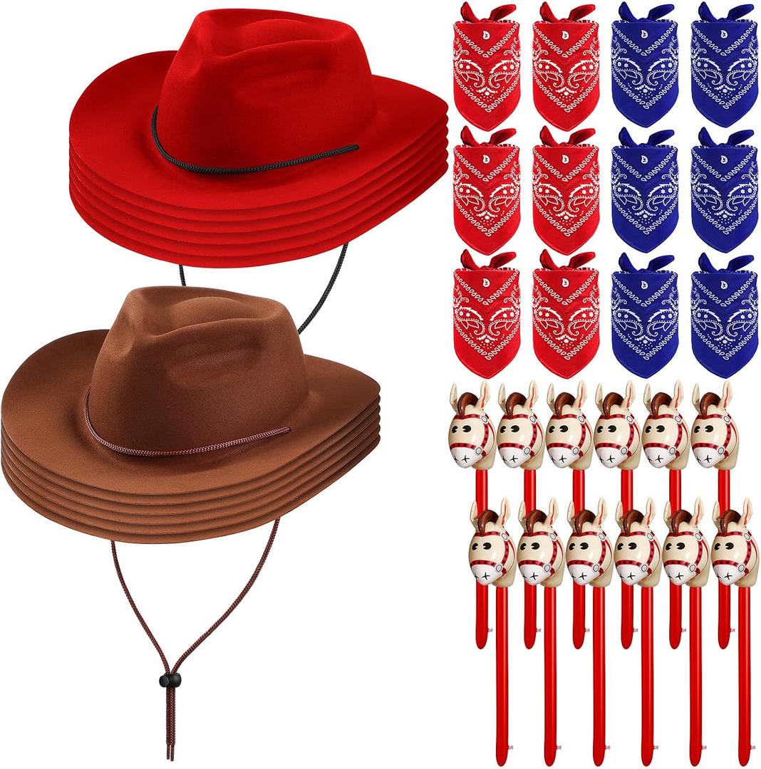 Xtinmee 36 Pcs Cowboy Party Costume Set, Cowboy Hats Paisley Bandanas Inflatable Stick Horses Kids Party Supplies