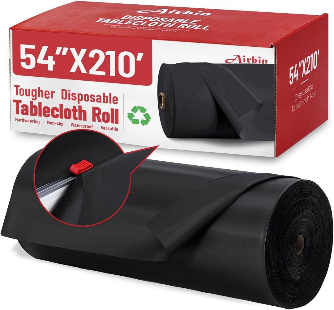Plastic Tablecloth Roll, 210 Ft x 54 in Black Plastic Table Cloth Disposable Table Cover Roll, Premium PEVA Material, Waterproof with Cutter, Ideal for Banquets, Festivals, Parties