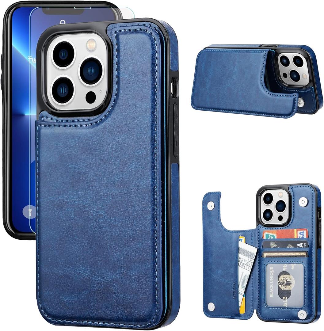 Wallet Case Compatible with iPhone 13 Pro Max,Slim Protective case with Card Holder,PU Leather Kickstand Card Slots Case with 1 Screen Protective Glass for iPhone 13 Promax(6.7")-Deepblue