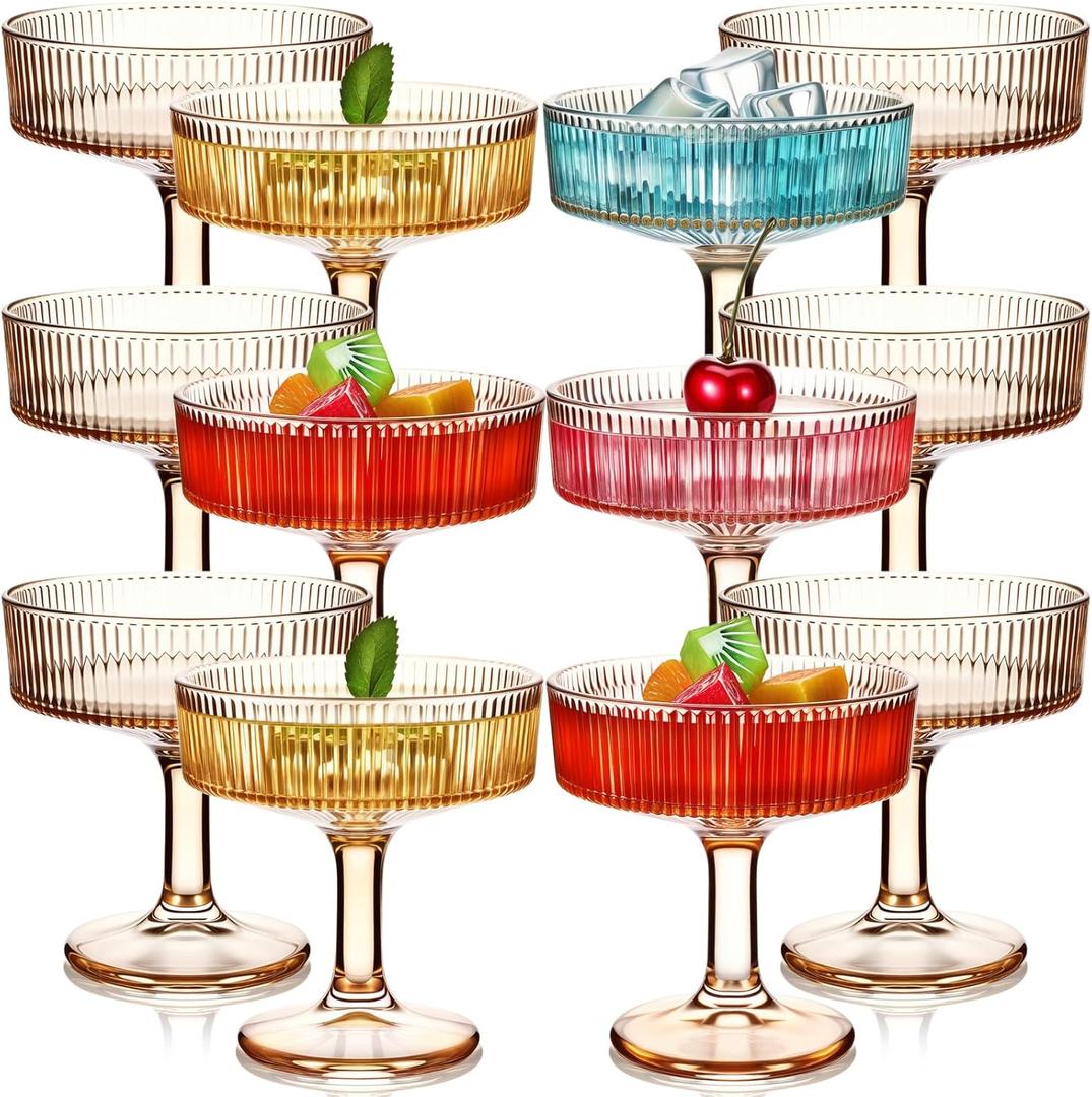 Teenyyou 12 Pcs Ribbed Vintage Coupe Glasses 7 oz Martini Glasses Champagne Coupe Classic Cocktail Glassware Reusable Ribbed Glassware for Cocktail Martini European Style (Champagne Pink)