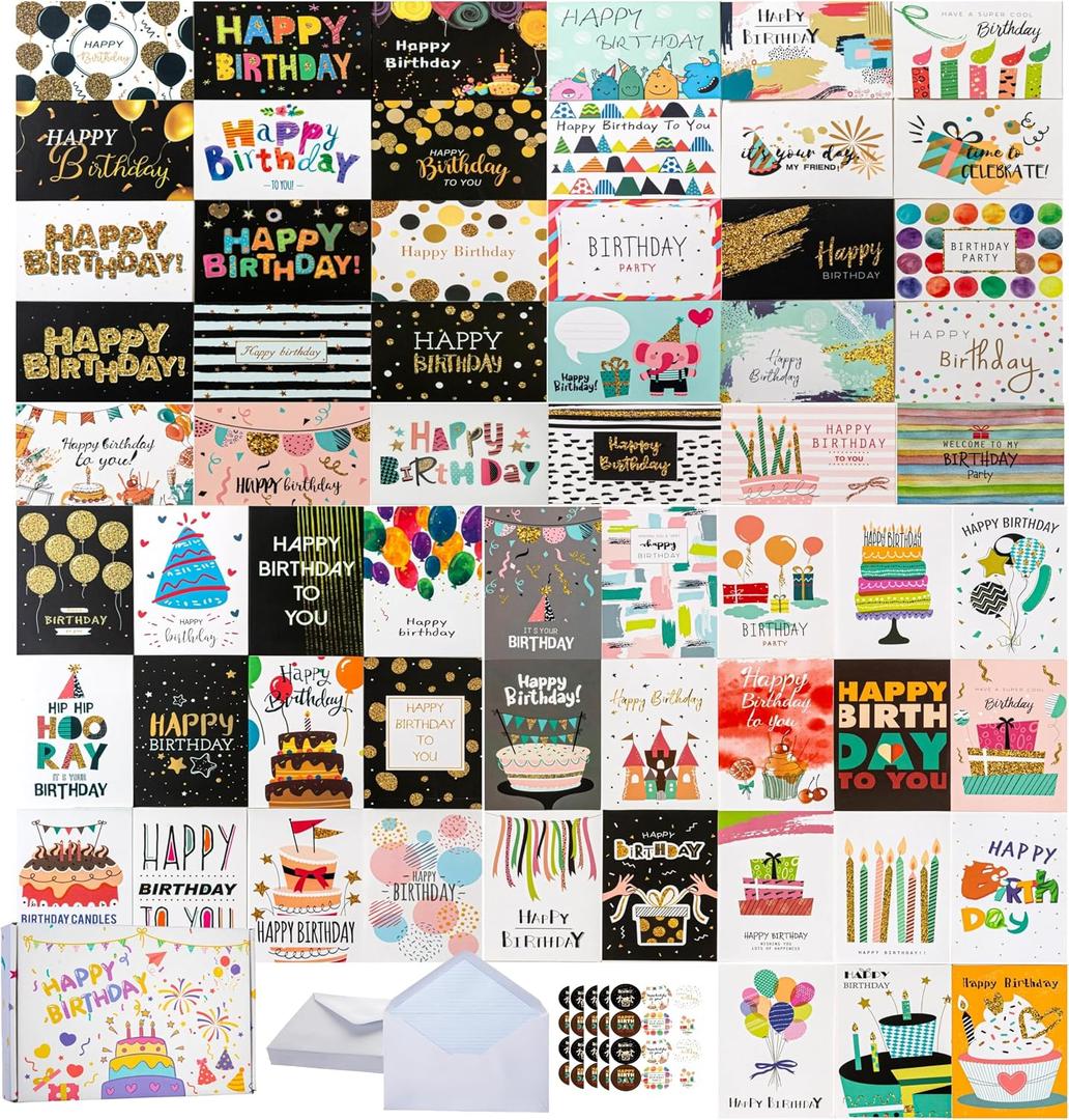 60 Unique Birthday Cards with Envelopes, 4x6 Blank Birthday Cards Bulk, Happy Birthday Cards for Office, Family, Friends