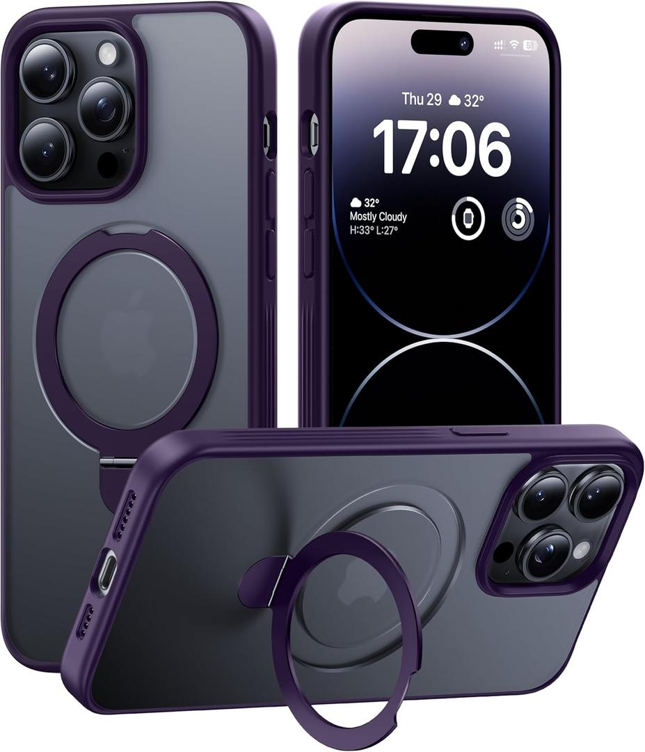 CellEver Strong Magnetic for iPhone 14 Pro Max Case with Ring Stand [Military Grade Drop Tested] [Compatible with MagSafe] Slim Translucent Matte Phone Case (6.7") - Deep Purple