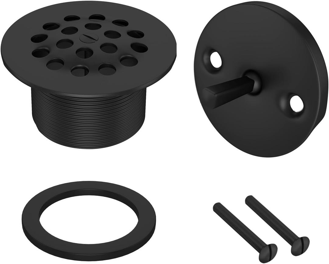 Trip Lever Tub Trim Kit Set with Two Hole Trip Lever Overflow Face Plate, Grid Tub Drain Kit, Bathtub Drain Assembly Stopper Kit, Overflow and Matching Screws(Matt Black)