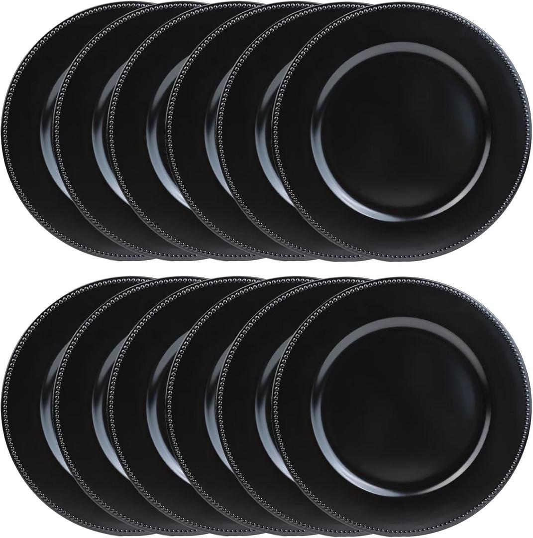 Set of 12 Plastic Black Charger Plates, Elegant Chargers for Table Dinner Decoration, Wedding, Holiday,13"