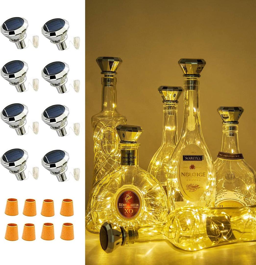 VOOKRY Solar Wine Bottle Lights with Cork 8 Pack 20 LEDs Fairy Lights String Silver Wire Light,for Party,Christmas,Mother's Day,Wedding Center or Table Decorations, Warm White