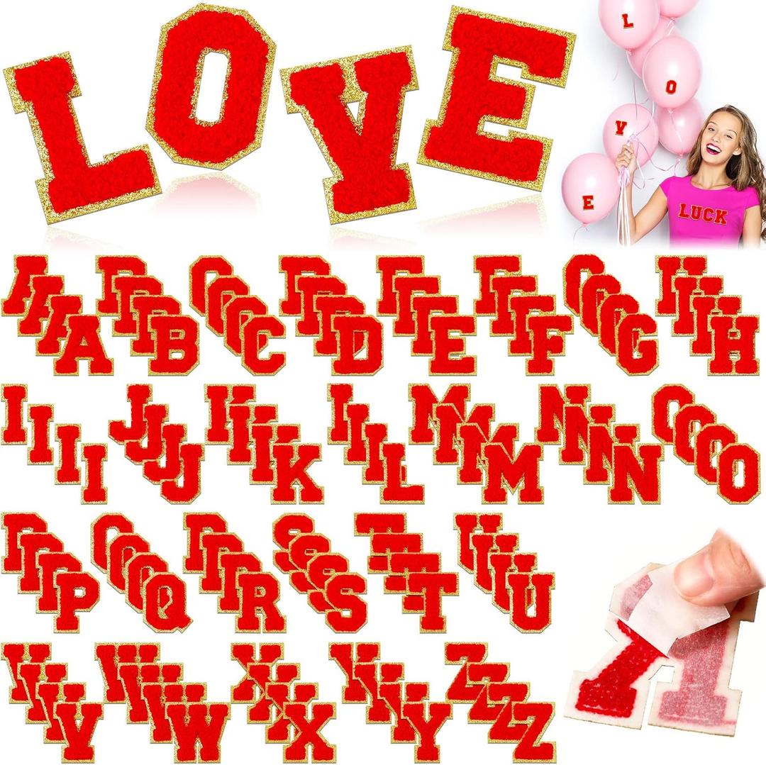 Jutom 104 Pcs Self Adhesive Chenille Iron on Letter Patches Letter Chenille Stick on Embroidered Patch for Clothing Jackets Backpacks Hats(Classic,Red)