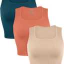 ODODOS Seamless Square Neck Tank for Women Ribbed Soft Sleeveless Longline Crop Tops (X-Small, Beige+coral+teal)