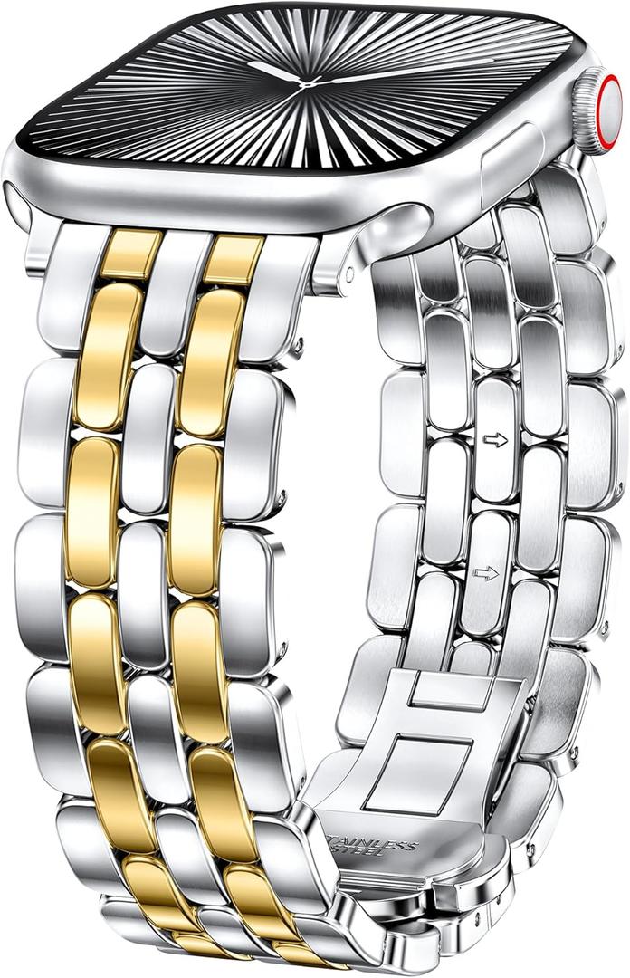 TOYOUTHS Designer Vintage Dressy Bracelet for Apple Watch Band Women, Stainless Steel Elegant Luxury Metal Strap for iWatch, Size: 38/40/41/42mm(Series 11/10) (Silver Gold-Brushed&Shiny)