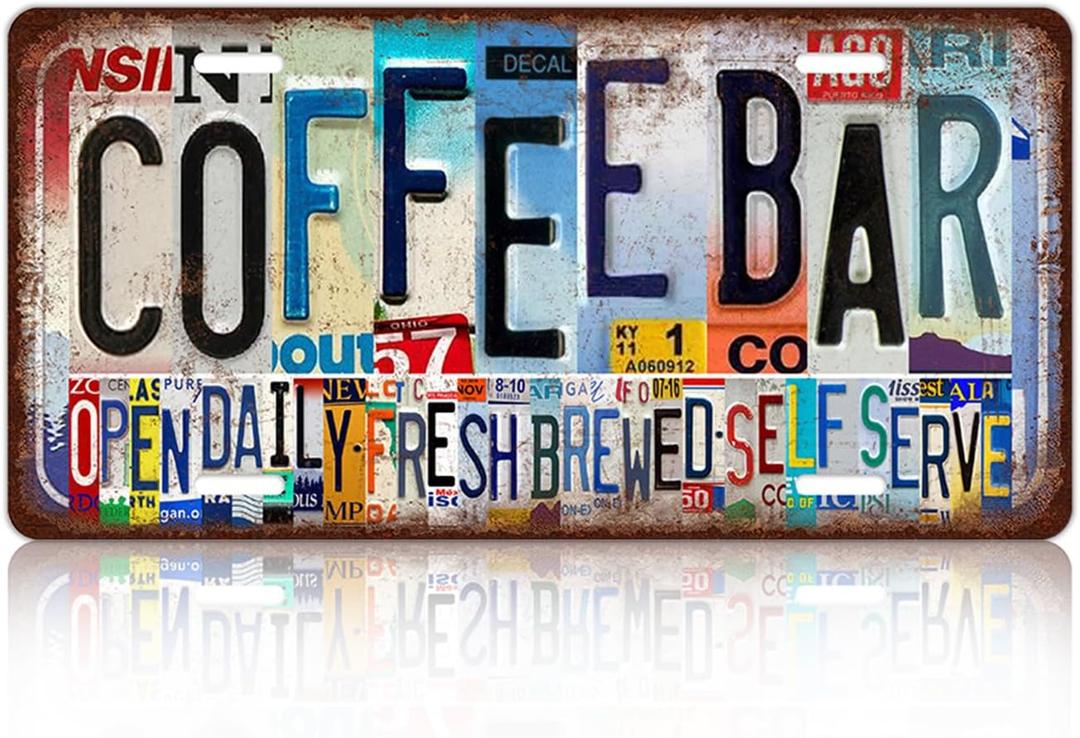Vintage Coffee Bar License Plate Wall Decor Metal Tin Sign 12 x 6 Inches - Open DailyFresh BrewedSelf Serve
