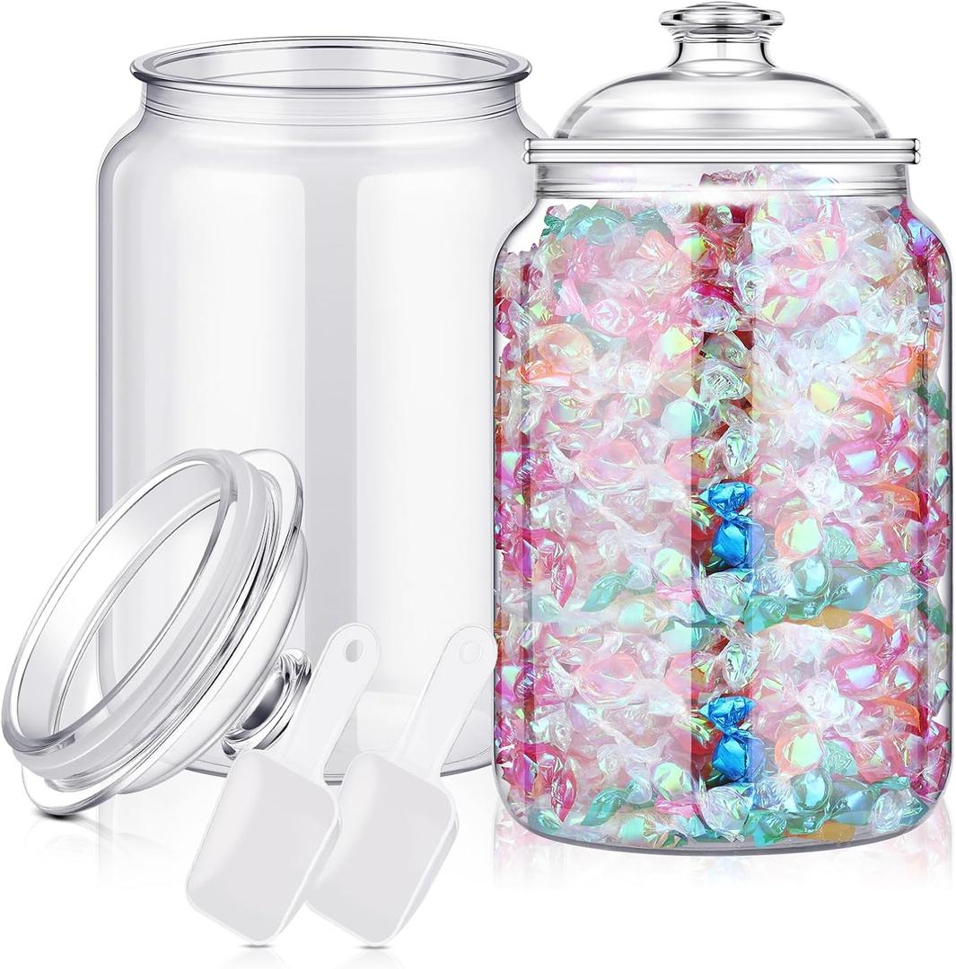 mwellewm 2 Pc Candy Jar with Lids 1 Gallon Large Candy Containers with Spoon Clear Plastic Cookie Dispenser Airtight Apothecary Storage Organization Snack Buffet Bar Dish for Wedding Home Classroom