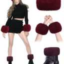 Liitrsh 3 Pieces Faux Fur Headband Set Earmuff Hat Fuzzy Short Wrist Warmers Boot Cuff Arm Warmers Accessories for Girls(Red)