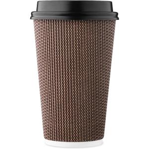 [85 SET]Harvest Pack 16 oz Disposable Coffee Cups, Insulated Ripple Double-Walled Paper Cups with Lids, Brown Geometric, Drinking Cups for Tea Hot Chocolate Drinks To go coffee cups