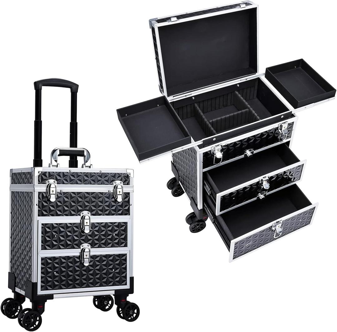 FRENESSA Professional Rolling Makeup Case Aluminum Trolley Train Case with 360 Swivel Wheels for Makuep Artist Travel Cosmetic Organizer with Sliding Drawers for Nail Tech Hairstylist Barber, Black