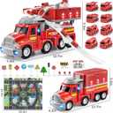 2 in 1 Fire Trucks for Toddlers 3-5, Carrier Vehicles Toy with 8 Cars, Transport Race Tracks with Light and Sound, Educational Birthday Gifts for Kids Boys Girls Ages 3 4 5 6