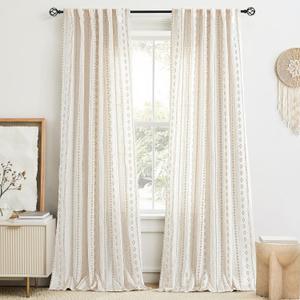 Natural Linen Boho Curtains 84 inches Long for Living Room Gold and Beige Stripe Geometric Pattern Light Filtering Curtains Western Bohomian Drapes Cream Rustic Farmhouse Home Decor Back Tab 2 Panels