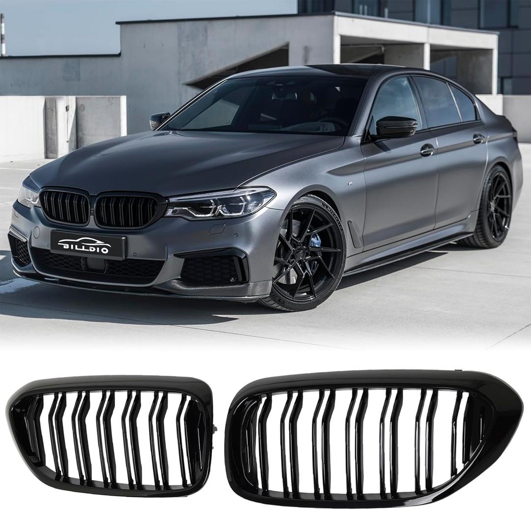 G30 Glossy Black Double Slats Kidney Grille - Compatible with 2017-2020 BMW 5 Series (530e, 530i, 540i, 550i) xDrive & Non-xDrive