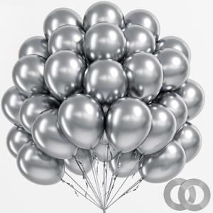BAUANOOY 100pcs Metallic Silver Balloons 12 inch, Chrome Silver Balloons with Ribbon for Birthday Graduation Baby Shower Wedding Party Decorations